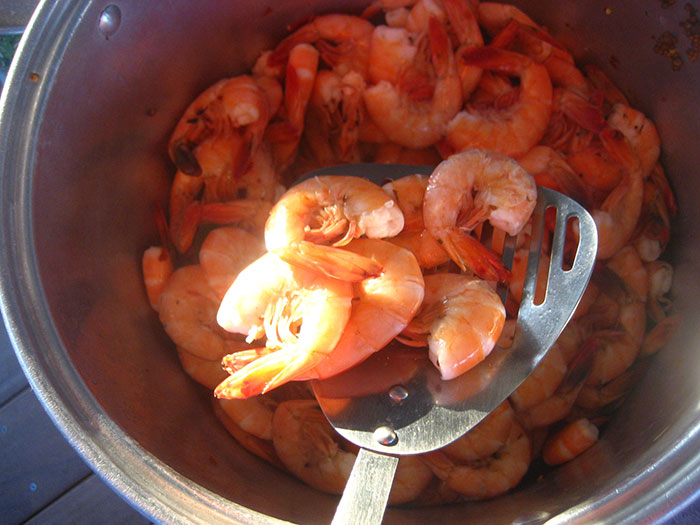 Cooked shrimp being lifted from a pot with a slotted spatula, illustrating funny stereotypes about people's home countries.