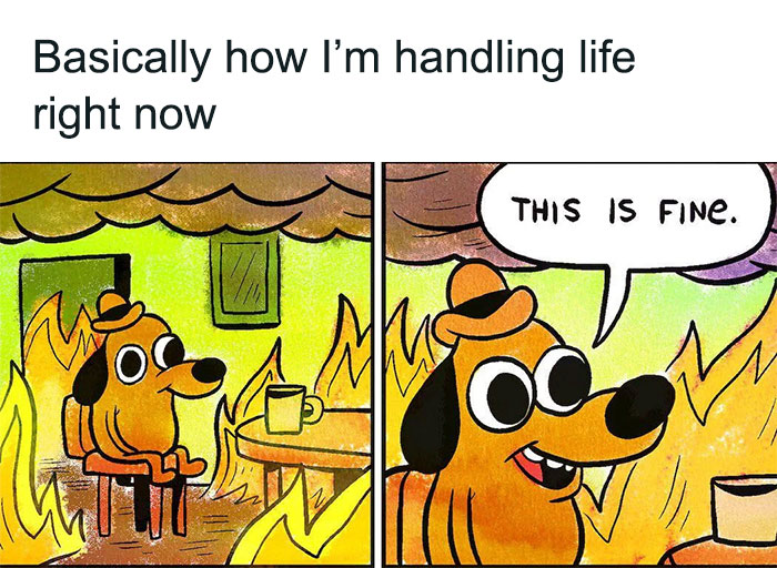 A two-panel cartoon image featuring a dog calmly sitting in a burning room with a cup of coffee on the table. The first panel shows the dog surrounded by flames with a caption above reading, "Basically how I&rsquo;m handling life right now." In the second panel, the dog, still surrounded by flames, says, "This is fine." The comic is part of the iconic "This is Fine" meme, symbolizing staying composed in chaotic situations.