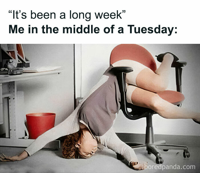 Office worker humorously slumped over chair, capturing the feeling of a long week on a Tuesday.