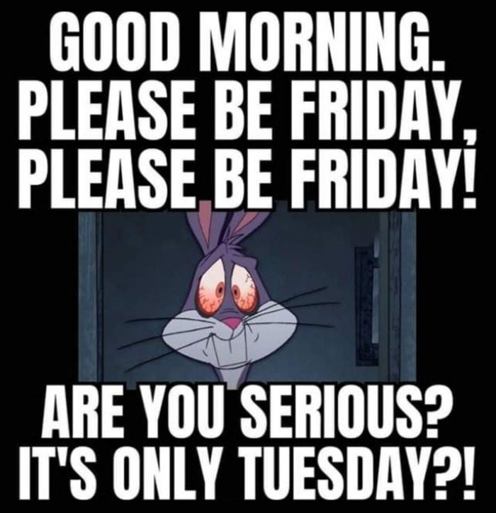 Cartoon character with tired eyes, wishing for Friday on a Tuesday morning.