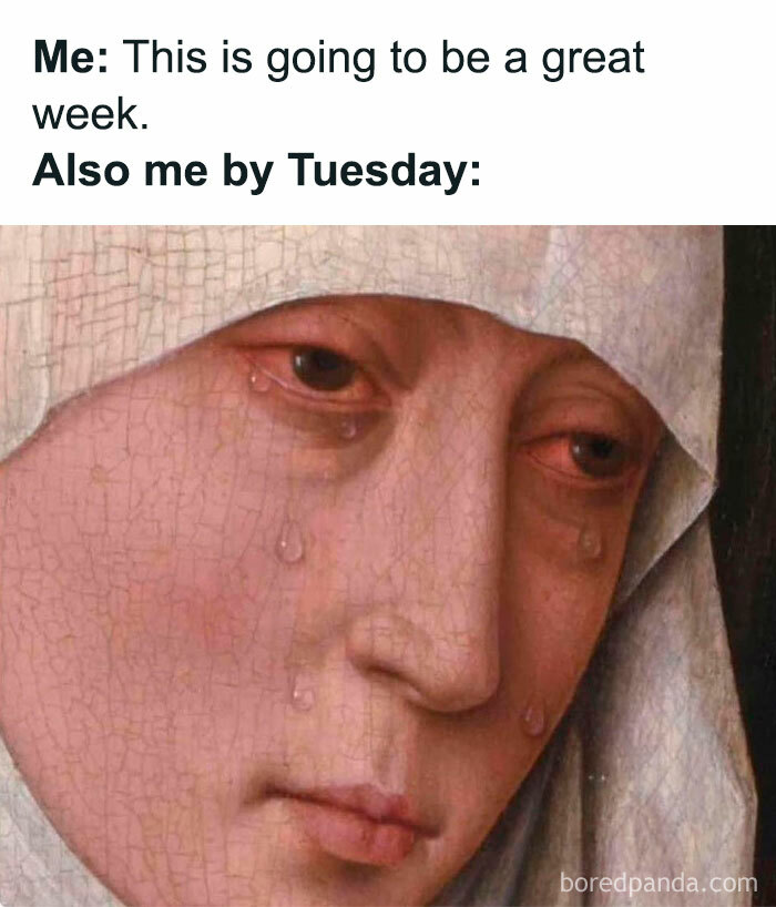 Crying face in meme humorously depicting a challenging Tuesday, part of funny happy Tuesday memes.
