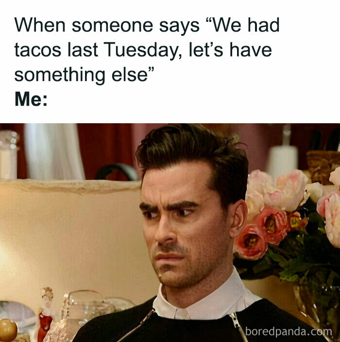 A man making a confused face next to the text about having tacos on Tuesday, featuring Happy Tuesday memes.
