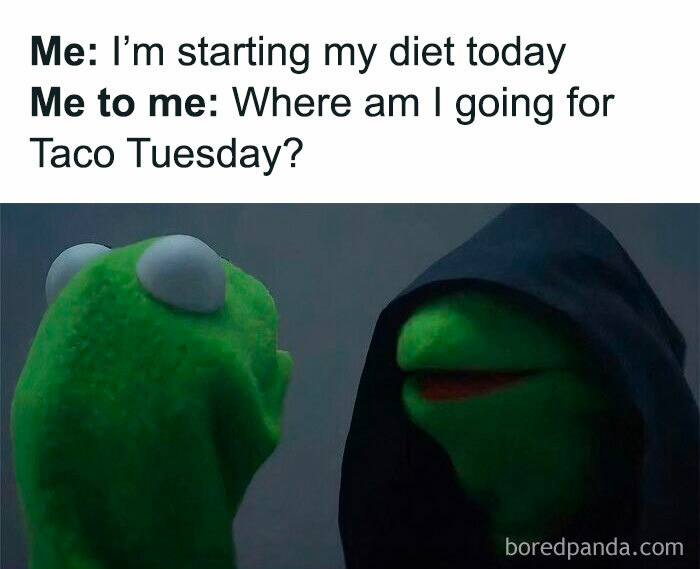 Kermit in a hood humorously debates diet and Taco Tuesday, capturing the essence of happy Tuesday memes.