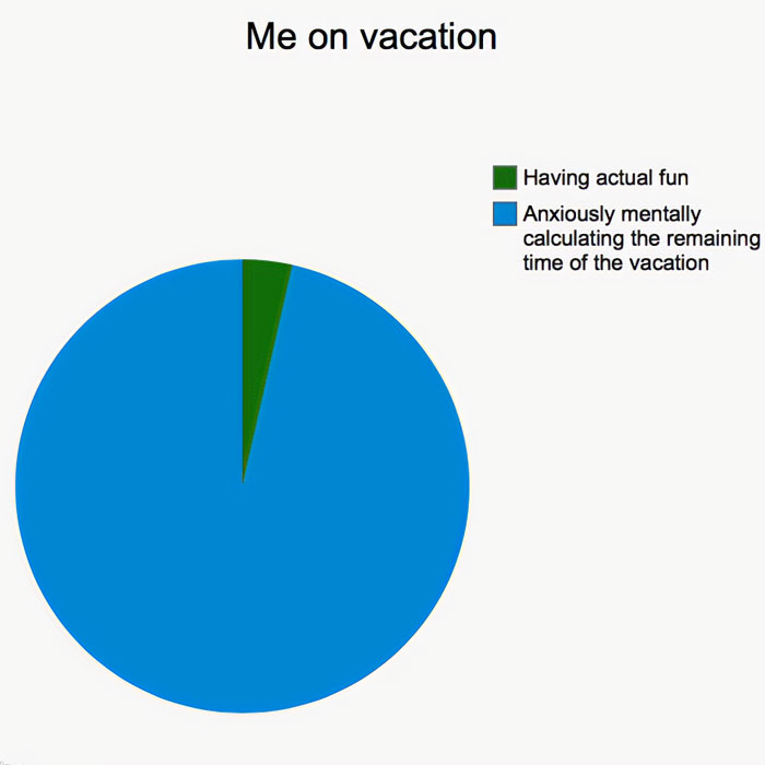 A vacation meme featuring a pie chart titled "Me on vacation." The chart has two segments: a small green slice labeled "Having actual fun" and a large blue slice labeled "Anxiously mentally calculating the remaining time of the vacation." The green slice is significantly smaller than the blue slice, illustrating the disproportionate amount of time spent worrying versus enjoying the vacation.