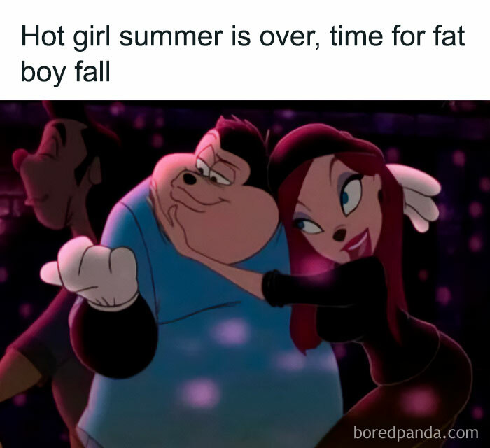 A vacation meme featuring a scene from a cartoon showing a happy, chubby boy and a girl dancing together. The text above the image reads, "Hot girl summer is over, time for fat boy fall."