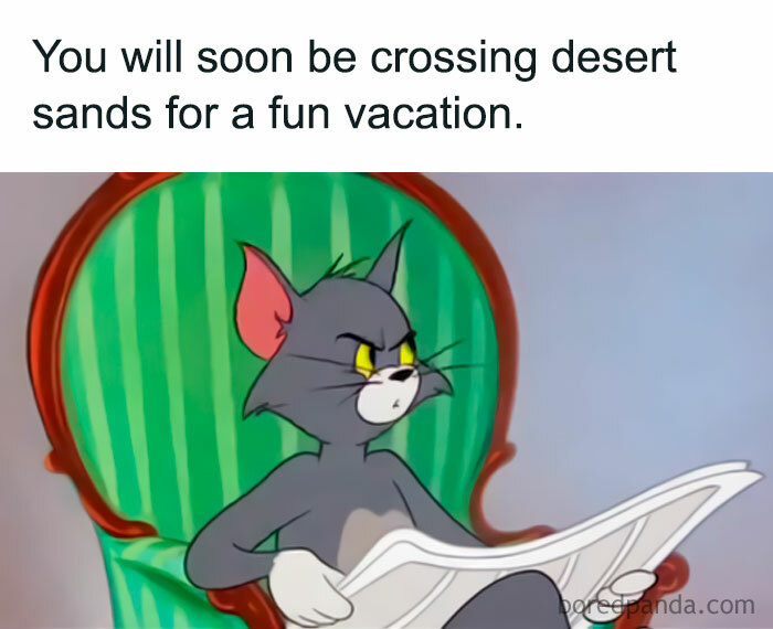 A vacation meme featuring Tom from the cartoon "Tom and Jerry" sitting in a green and red chair, holding a newspaper and looking annoyed. The text above the image reads, "You will soon be crossing desert sands for a fun vacation."
