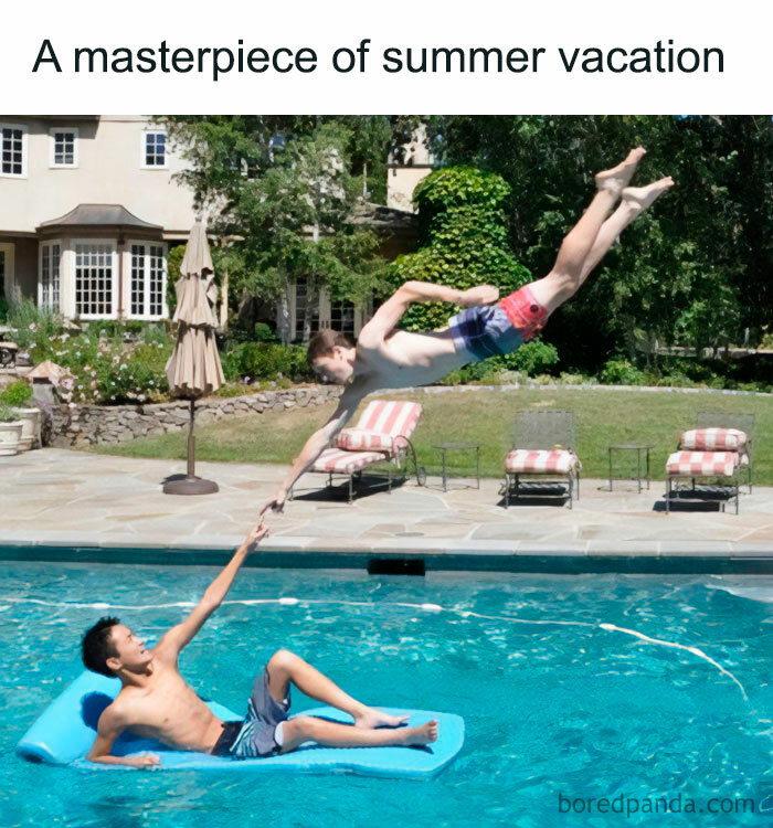 A vacation meme showing two boys in a pool, one lying on a float and the other diving into the pool while reaching out to the boy on the float. Their outstretched hands mimic the famous scene from Michelangelo's "The Creation of Adam." The text above the image reads, "A masterpiece of summer vacation." The meme humorously combines a classic artwork reference with a playful summer activity.