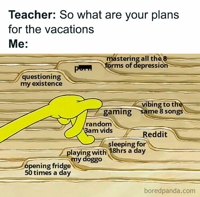 A vacation meme showing SpongeBob's hand pointing at various activities carved into a wooden board. The text above the image reads, "Teacher: So what are your plans for the vacations. Me:" The activities listed on the board include "questioning my existence," "mastering all the 8 forms of depression," "vibing to the same 8 songs," "gaming," "random 3am vids," "Reddit," "sleeping for 18hrs a day," "playing with my doggo," and "opening fridge 50 times a day." One activity has been censored with a black bar.