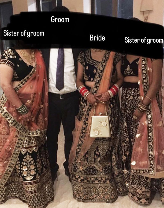 A Family Wedding In India. The Groom's Sisters Had Dresses, Makeup, Jewelry, And Hair Done Similarly To The Bride. The Only Difference Is The Bride's Red Wedding Bangles