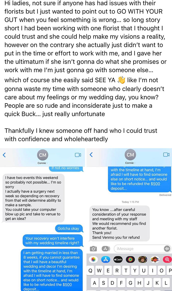 Bridezilla Is Upset That The Florist Is Having Surgery 8 Weeks Before Her Very Important Wedding