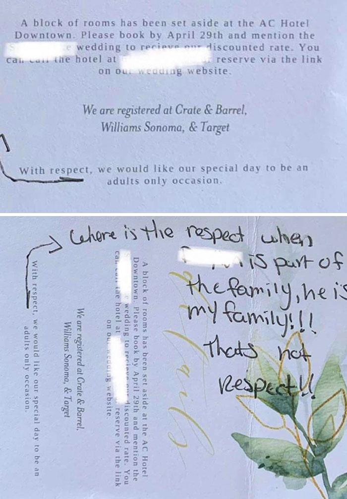 From A Wedding Shaming Group I'm In. Bride And Groom Requested A Child-Free Wedding. Entitled Guest Writes This Message On Their Invitation
