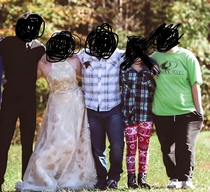 The Two People At The End Could Have Dressed A Little Better. The Red Pants Are Pajamas. Groom, Bride, Bride's Best Friend, His Girlfriend, And His Sister