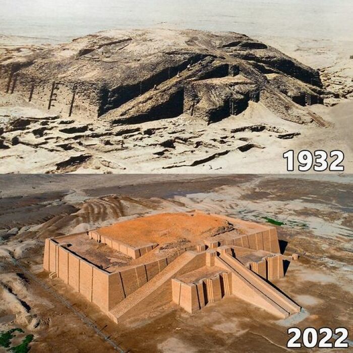 Before And After The Excavation And Restoration Of The Great Ziggurat Of Ur, Built Approximately 4000 Years Ago