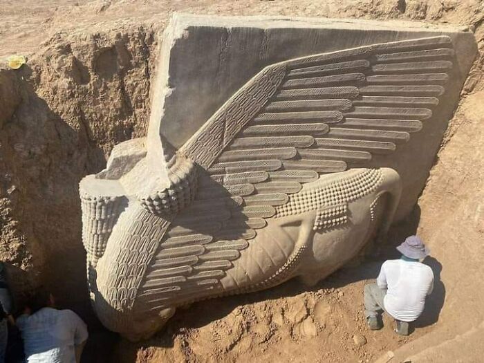 Re-Excavation Of Lamassu, Kursbad, Iraq; Assyrian Deity Depicted With Human, Avian, And Bovine Or Leonine Elements. The City Was A New Capital Built By King Sargon II In 721 Bc