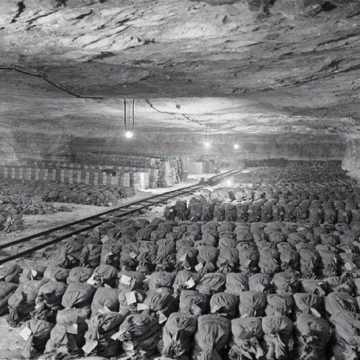 This Shot Shows More Than 7,000 Bags Of Gold And Silver That Had Been Looted By The Germans During The War. It Was Stored Here, Inside The Merkers Salt Mine In Germany And Discovered On April 8, 1945. Included In This Discovery Was 8,198 Bars Of Gold Bullion And 2.76 Billion Reichsmarks