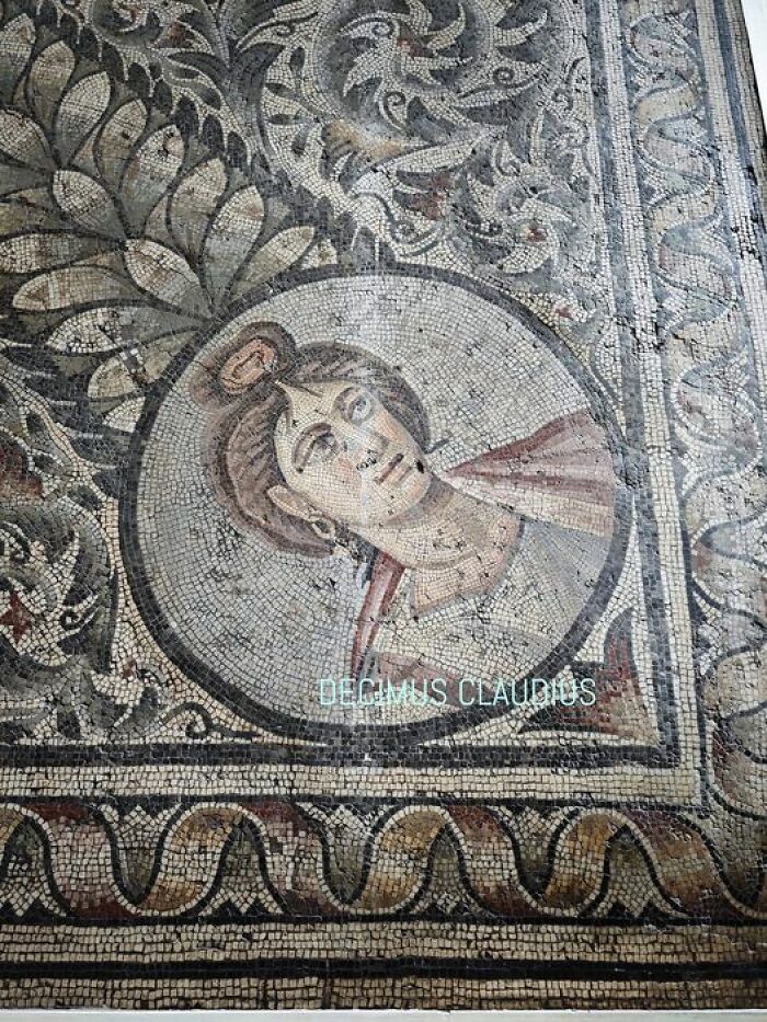 A Roman Mosaic Portion Showing A Medallion Of The Personification Of Spring. This Was Made In Carthage (Modern Day Tunisia) In The 4th Century Ad And Is On Display In The British Museum In London, England