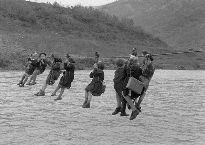 The Children Had To Cross The River Using Pulleys On Their Way To School In The Outskirts Of Modena, Italy!! (1959)