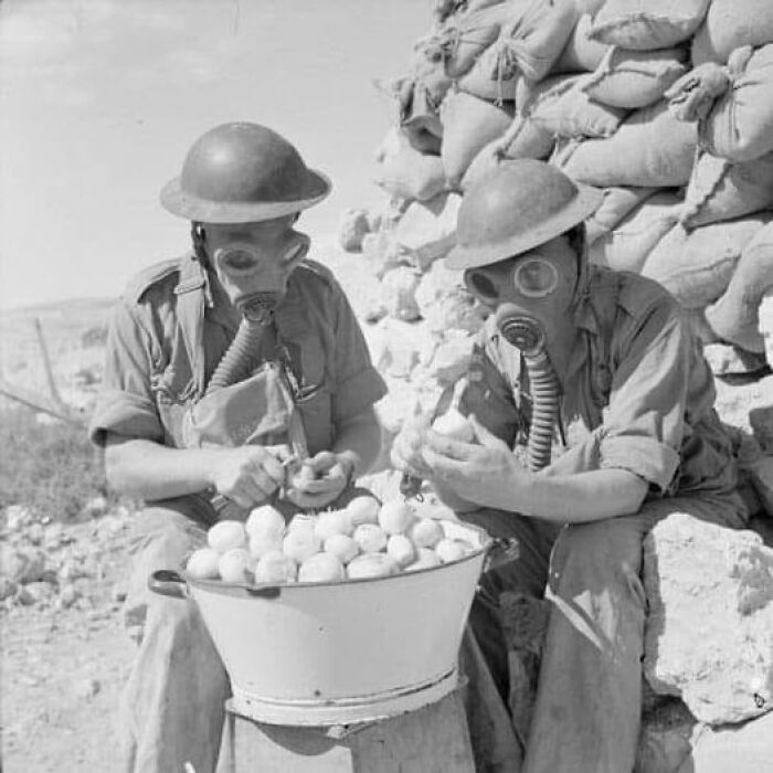 Soldiers Wearing Gas Masks While Peeling Onions At Tobruk, 15 October 1941