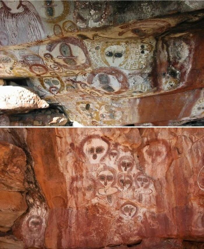 Wandjina Rock Art, Uncovered In The Kimberley Region Of Western Australia And Believed To Be Thousands Of Years Old, Depicts Striking Figures With Prominent Features: Large, Expressive Eyes And A Notable Absence Of Mouths