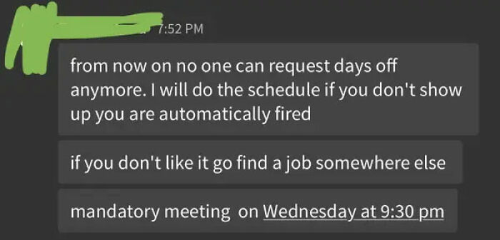 Text exchange shows harsh message about job scheduling, fueling “no one wants to work” trend debate.