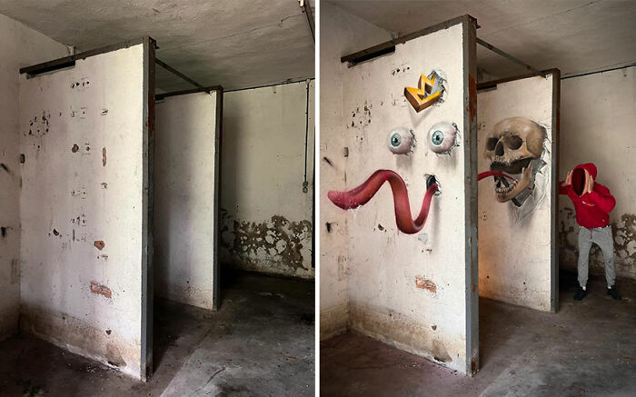 Before and after images showing incredible 3D graffiti art on bathroom stalls by an artist from France.