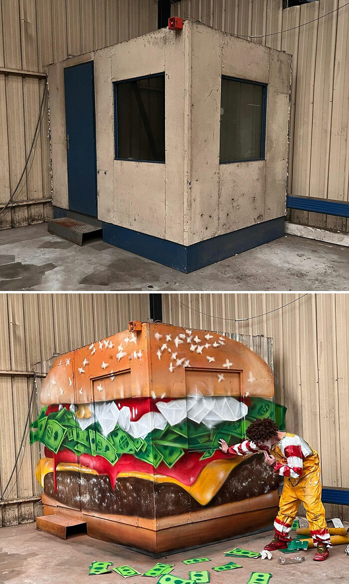 Before and after photos of 3D graffiti art transforming a plain structure into a giant hamburger in an industrial setting.
