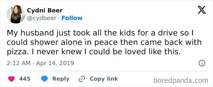 Tweet about a husband taking kids for a drive, giving his wife peace and pizza, showing wholesome kindness.