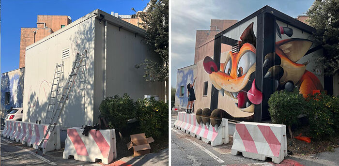 Before and after images showing an artist from France creating incredible 3D graffiti of a playful cartoon fox on a building wall.