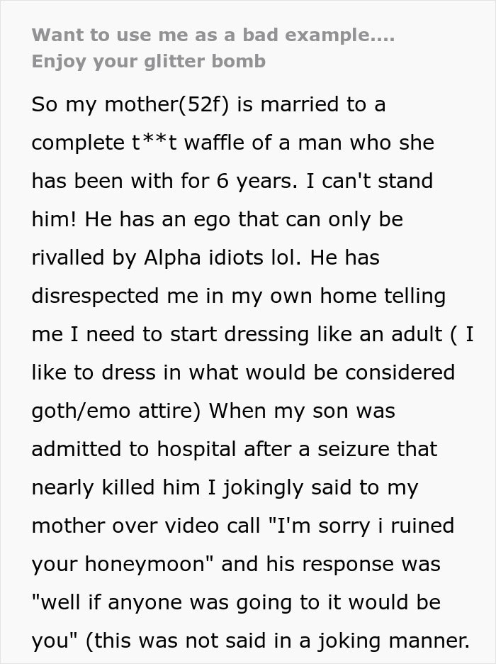 “Enjoy Your Glitter Bomb”: Sparkly Genitalia Confetti Sticks To Man As Stepdaughter Gets Revenge “Enjoy Your Glitter Bomb”: Sparkly Genitalia Confetti Sticks To Man As Stepdaughter Gets Revenge