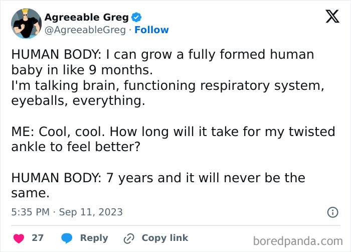 Tweet about the human body’s healing process humorously shared among wholesome memes and posts reminding us the world isn’t all bad.