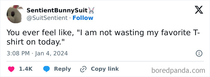 Tweet by SentientBunnySuit sharing a wholesome meme about not wasting a favorite T-shirt, highlighting uplifting posts.