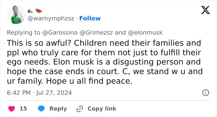 Tweet discussing legal battle over Elon Musk and Grimes' kids, expressing frustration and hope for resolution.