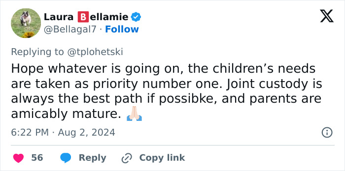 Tweet discussing legal battle over custody and children's needs as priority.