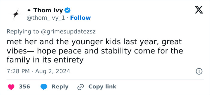 Tweet mentioning meeting younger kids and wishing peace for the family of Elon Musk and Grimes amid legal battle.