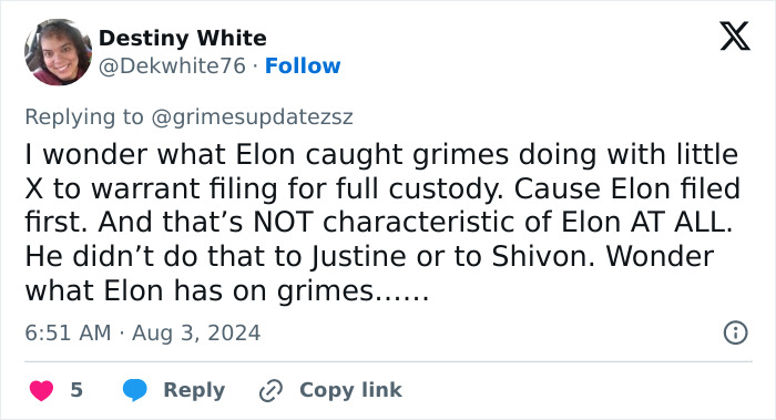 Tweet discussing Elon Musk, Grimes, and custody situation for their children.