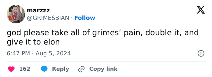Tweet mentioning Grimes and Elon Musk amid legal battle over their children.
