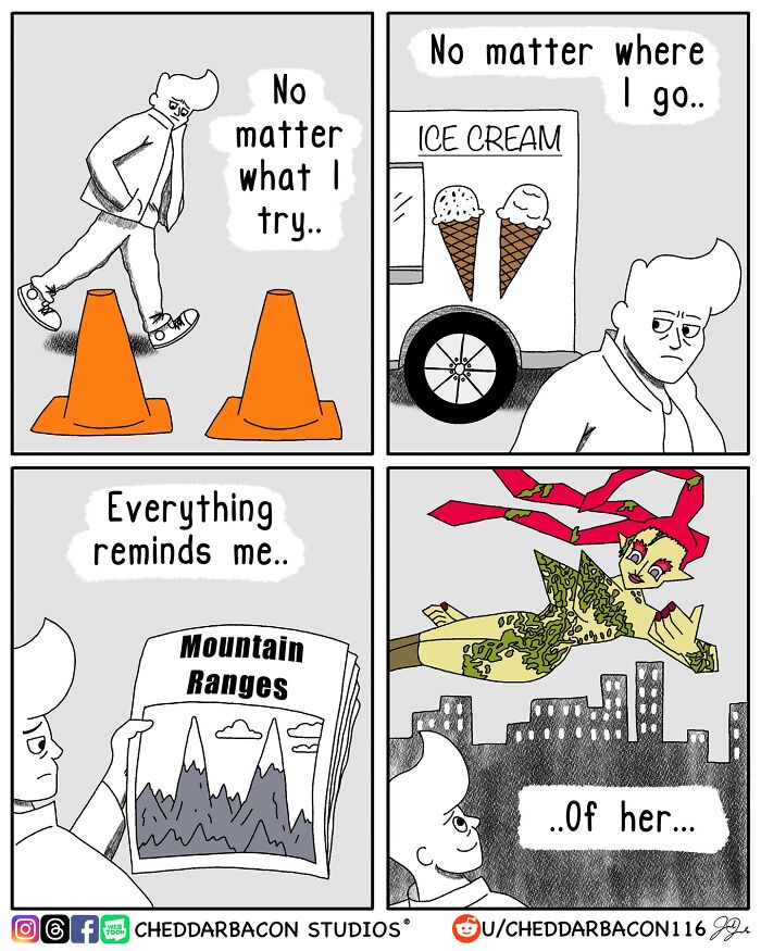 Comic strip from Cheddar Bacon Studios showing a man reflecting on memories with illustrated scenes and text bubbles.