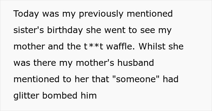 “Enjoy Your Glitter Bomb”: Sparkly Genitalia Confetti Sticks To Man As Stepdaughter Gets Revenge “Enjoy Your Glitter Bomb”: Sparkly Genitalia Confetti Sticks To Man As Stepdaughter Gets Revenge