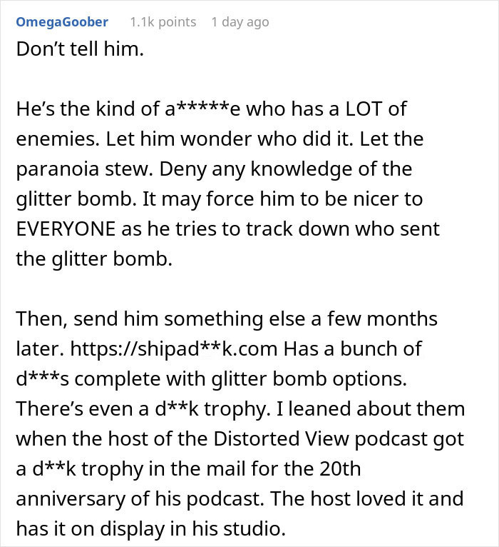 “Enjoy Your Glitter Bomb”: Sparkly Genitalia Confetti Sticks To Man As Stepdaughter Gets Revenge “Enjoy Your Glitter Bomb”: Sparkly Genitalia Confetti Sticks To Man As Stepdaughter Gets Revenge