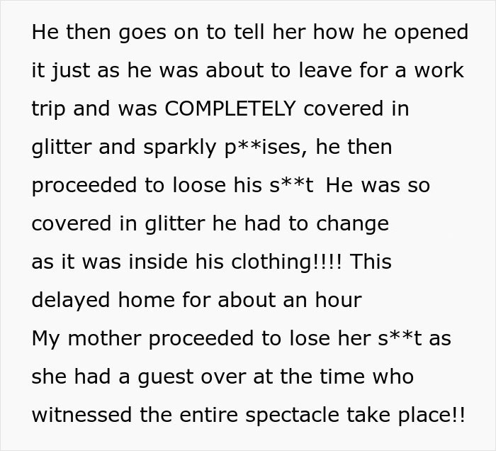 “Enjoy Your Glitter Bomb”: Sparkly Genitalia Confetti Sticks To Man As Stepdaughter Gets Revenge “Enjoy Your Glitter Bomb”: Sparkly Genitalia Confetti Sticks To Man As Stepdaughter Gets Revenge