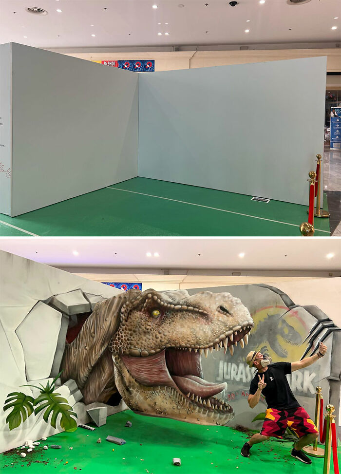 3D graffiti of a fierce dinosaur breaking through a wall with a man posing for a selfie in front of it.
