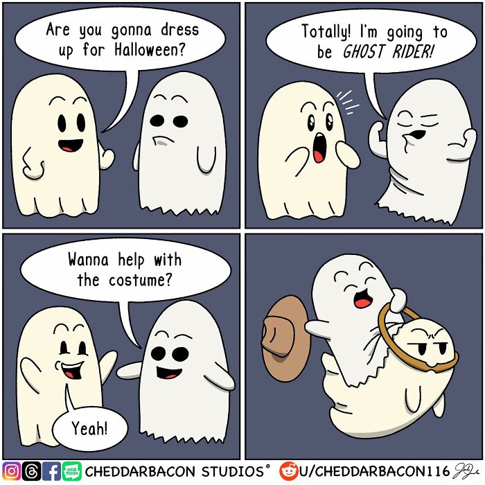 Two ghost characters in a Cheddar Bacon Studios comic joke about dressing up for Halloween.