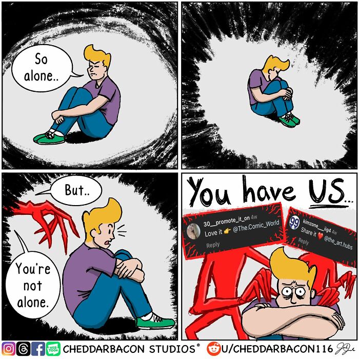 Comic from Cheddar Bacon Studios showing a lonely person comforted by supportive online community comments.