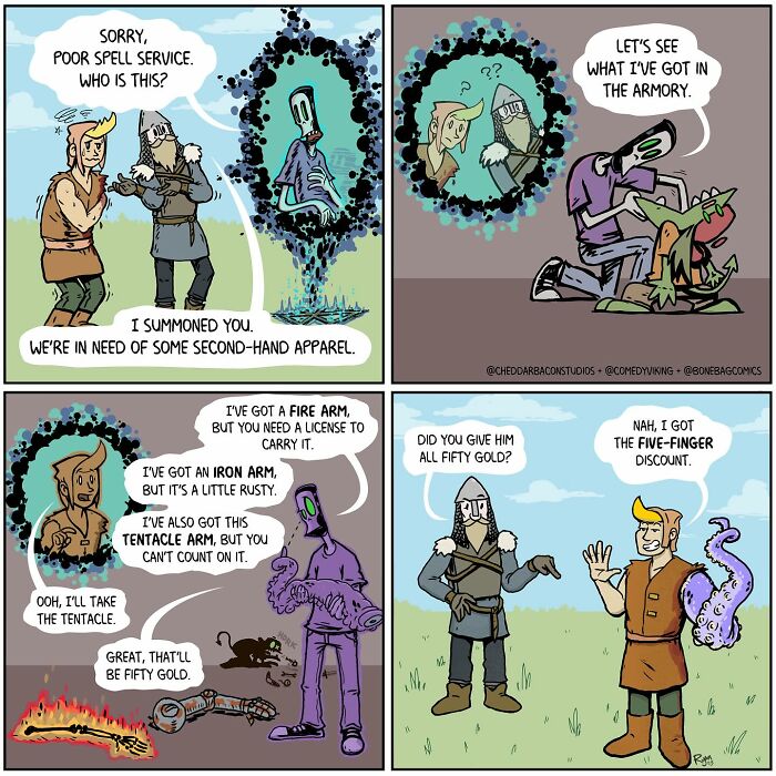 Colorful Cheddar Bacon Studios comic panels showing medieval characters humorously discussing fantasy arm replacements and discounts.