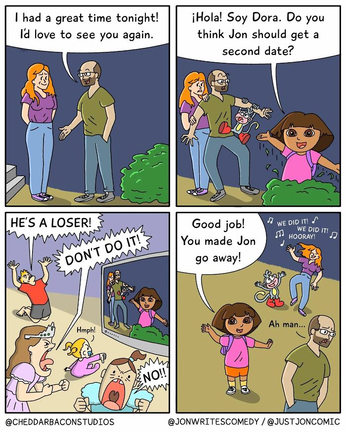 Cheddar Bacon Studios comic showing humorous dating scenario with Dora interrupting and causing chaos on a first date.