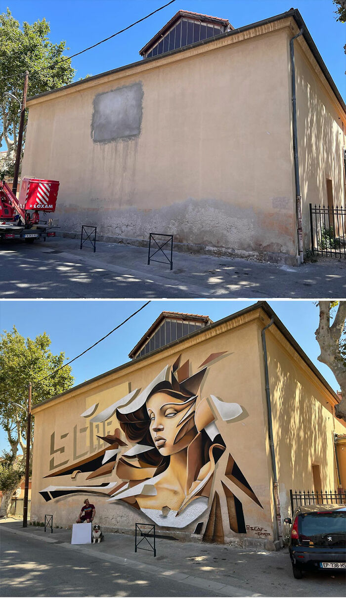 Street view of a wall in France featuring a large, incredible 3D graffiti mural by a local artist.