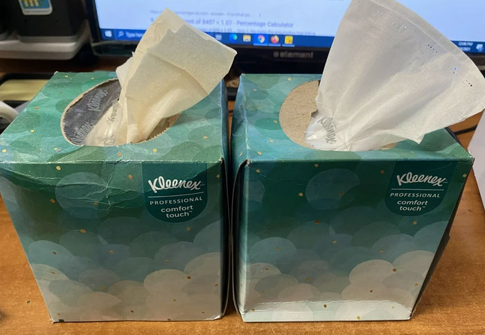 The Kleenex Boxes At My Work Have Different Color Tissues Near The End To Let You Know You Only Have A Few Left In The Box