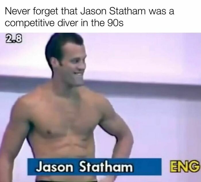 Meme showing Jason Statham as a competitive diver in the 90s, nostalgic for those who grew up with Tamagotchis and VHS tapes.
