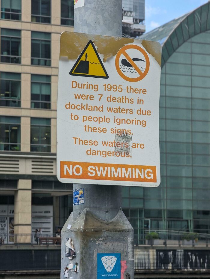 Around London Docklands There Are Signs About The Risks Of Swimming In The Canals