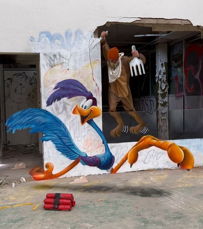 3D graffiti art by a French artist features a character escaping a wall with vibrant colors and dynamic motion.